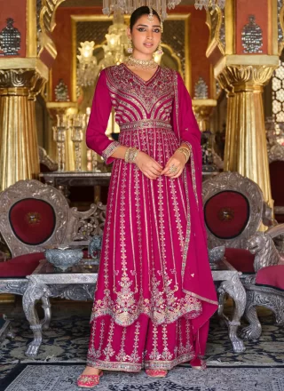 Pink Chinon Embroidered and Resham Work Readymade Salwar Suit for Ceremonial
