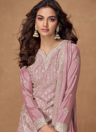 Pink Chinon Embroidered and Zari Work Palazzo Salwar Suit for Ceremonial