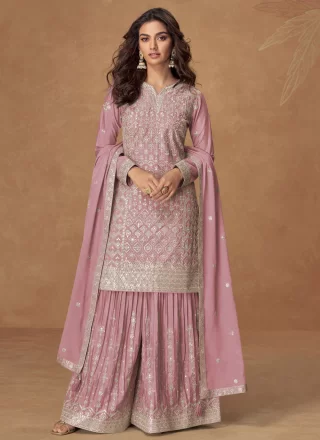 Pink Chinon Embroidered and Zari Work Palazzo Salwar Suit for Ceremonial