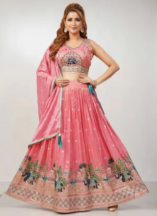Pink Chinon Embroidered, Fancy and Zari Work Readymade Lehenga Choli for Engagement