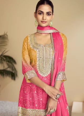 Pink Chinon Embroidered, Print, Sequins and Thread Work Salwar Suit for Festival