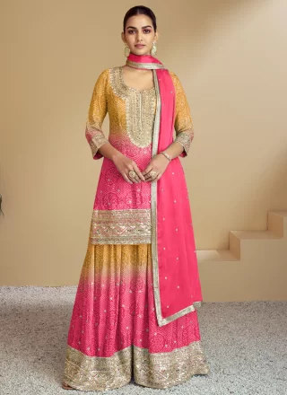 Pink Chinon Embroidered, Print, Sequins and Thread Work Salwar Suit for Festival
