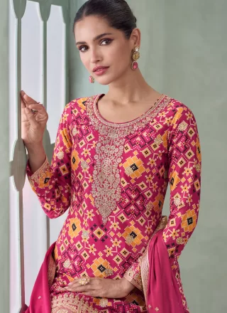 Pink Chinon Embroidered, Print, Sequins and Zari Work Readymade Salwar Suit