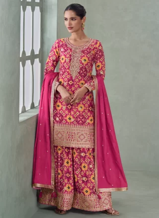 Pink Chinon Embroidered, Print, Sequins and Zari Work Readymade Salwar Suit