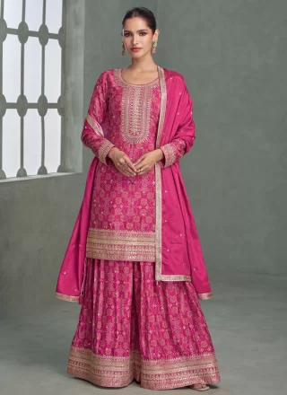 Pink Chinon Embroidered, Print, Sequins and Zari Work Salwar Suit