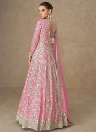 Pink Chinon Embroidered, Sequins and Zari Work  Designer Gown for Ceremonial