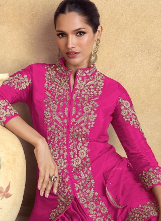Pink Chinon Embroidered, Sequins and Zari Work Readymade Salwar Suit