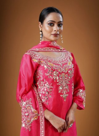 Pink Chinon Embroidered Work Palazzo Salwar Suit for Ceremonial