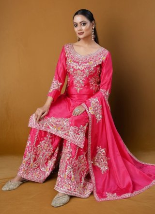 Pink Chinon Embroidered Work Palazzo Salwar Suit for Ceremonial