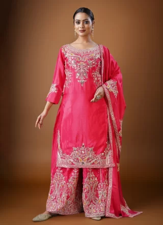 Pink Chinon Embroidered Work Palazzo Salwar Suit for Ceremonial