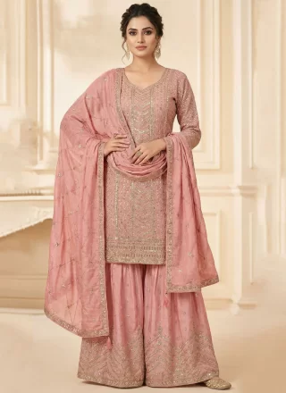 Pink Chinon Palazzo Salwar Suit with Embroidered Work