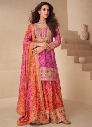 Pink Chinon Readymade Salwar Suit with Digital Print and Embroidered Work