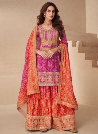 Pink Chinon Readymade Salwar Suit with Digital Print and Embroidered Work