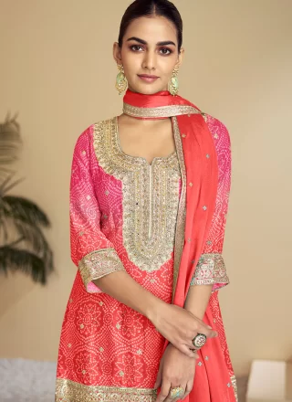 Pink Chinon Readymade Salwar Suit with Embroidered, Print, Sequins and Thread Work