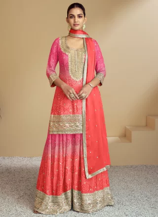 Pink Chinon Readymade Salwar Suit with Embroidered, Print, Sequins and Thread Work