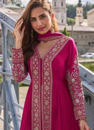 Pink Chinon Readymade Salwar Suit with Embroidered Work