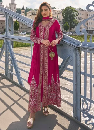 Pink Chinon Readymade Salwar Suit with Embroidered Work