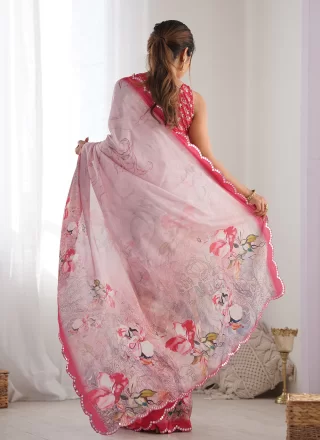 Pink Chinon Trendy Saree with Digital Print and Mirror Work for Casual