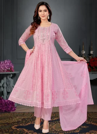 Pink Cotton Anarkali Suit with Chikankari, Embroidered and Mirror Work for Ceremonial