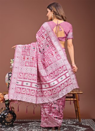 Pink Cotton Bandhej Work Contemporary Saree