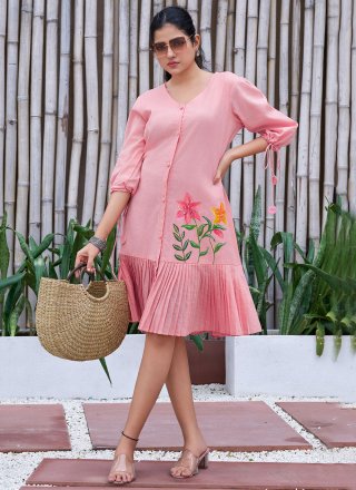 Pink Cotton Casual Kurti with Fancy Work for Ceremonial