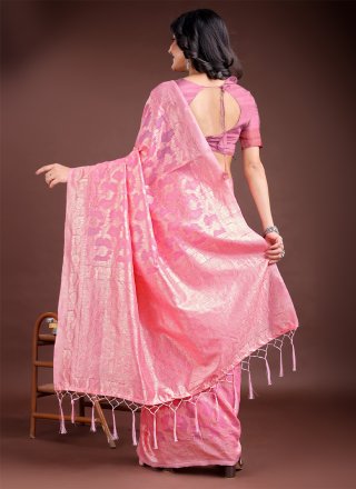 Pink Cotton Contemporary Sari with Weaving Work