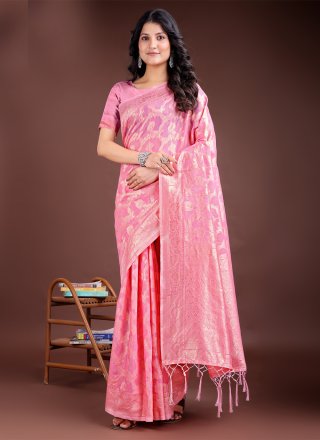 Pink Cotton Contemporary Sari with Weaving Work