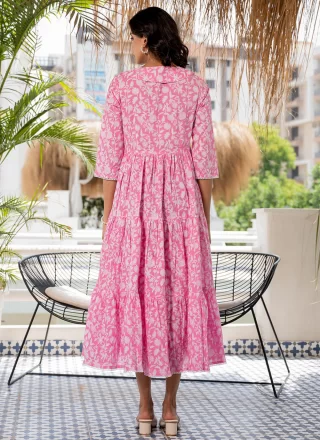 Pink Cotton Designer Gown with Floral Patch Work for Women