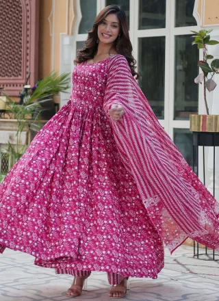 Pink Cotton  Designer Gown with Print Work