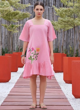 Pink Cotton Designer Kurti with Fancy Work