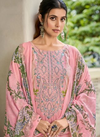 Pink Cotton Digital Print and Embroidered Work Salwar Suit for Casual