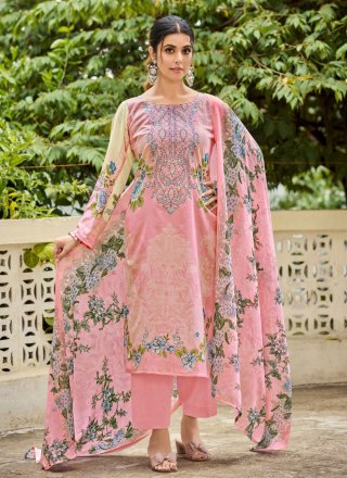 Pink Cotton Digital Print and Embroidered Work Salwar Suit for Casual