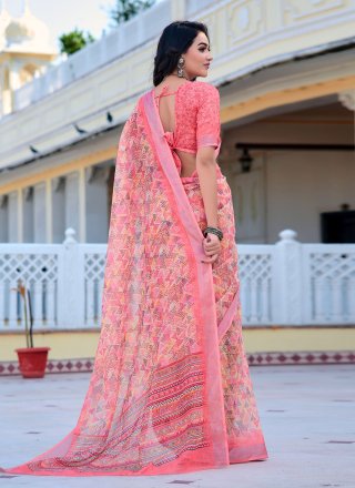 Pink Cotton Digital Print Work Classic Saree for Casual
