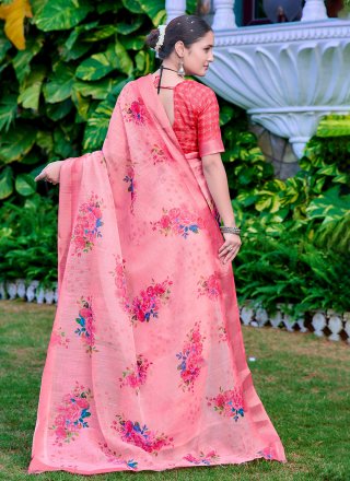 Pink Cotton Digital Print Work Classic Saree
