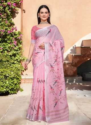 Pink Cotton Digital Print Work Contemporary Saree