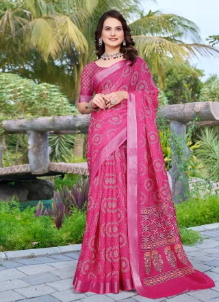 Pink Cotton Digital Print Work Contemporary Sari
