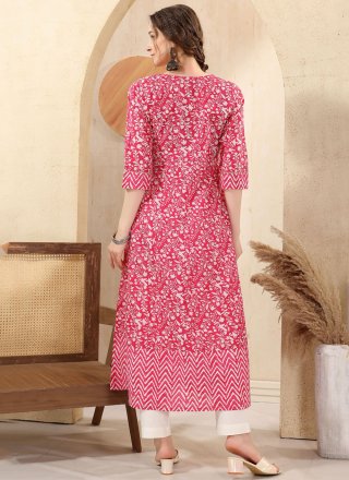 Pink Cotton Embroidered and Print Work Casual Kurti for Casual