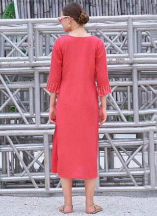 Pink Cotton Fancy Work Casual Kurti