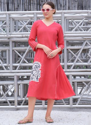 Pink Cotton Fancy Work Casual Kurti