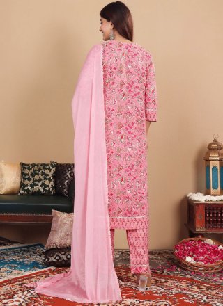 Pink Cotton Floral Patch and Print Work Readymade Salwar Suit for Ceremonial