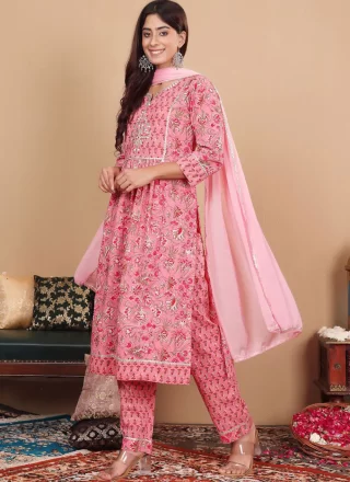 Pink Cotton Floral Patch and Print Work Readymade Salwar Suit for Ceremonial