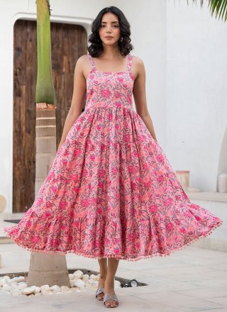 Pink Cotton Gown with Floral Patch Work for Ceremonial