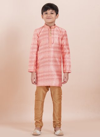 Pink Cotton Jacquard Work Kurta Pyjama for Kid