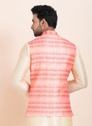 Pink Cotton Jacquard Work Nehru Jackets