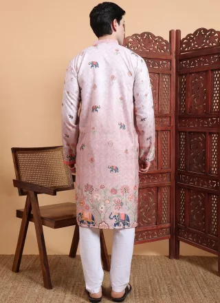 Pink Cotton Kurta Mens Wear with Print Work