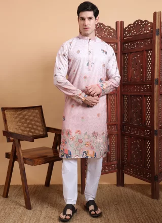 Pink Cotton Kurta Mens Wear with Print Work