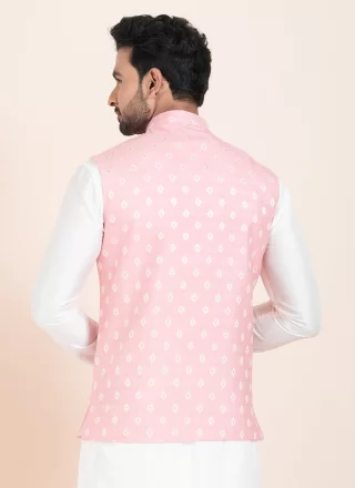 Pink Cotton Nehru Jackets with Jacquard Work