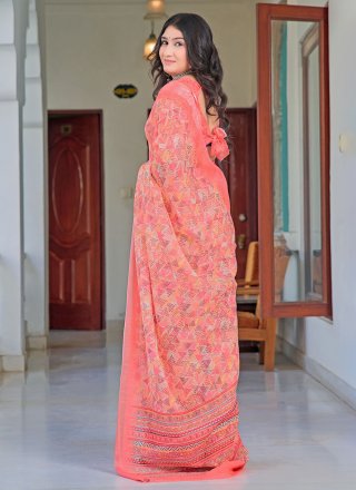 Pink Cotton Patch Border, Digital Print and Woven Work Trendy Saree for Casual