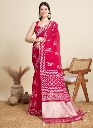 Pink Cotton Print and Sequins Work Trendy Saree