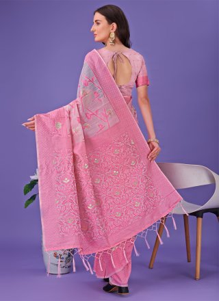 Pink Cotton Print Work Contemporary Saree for Casual